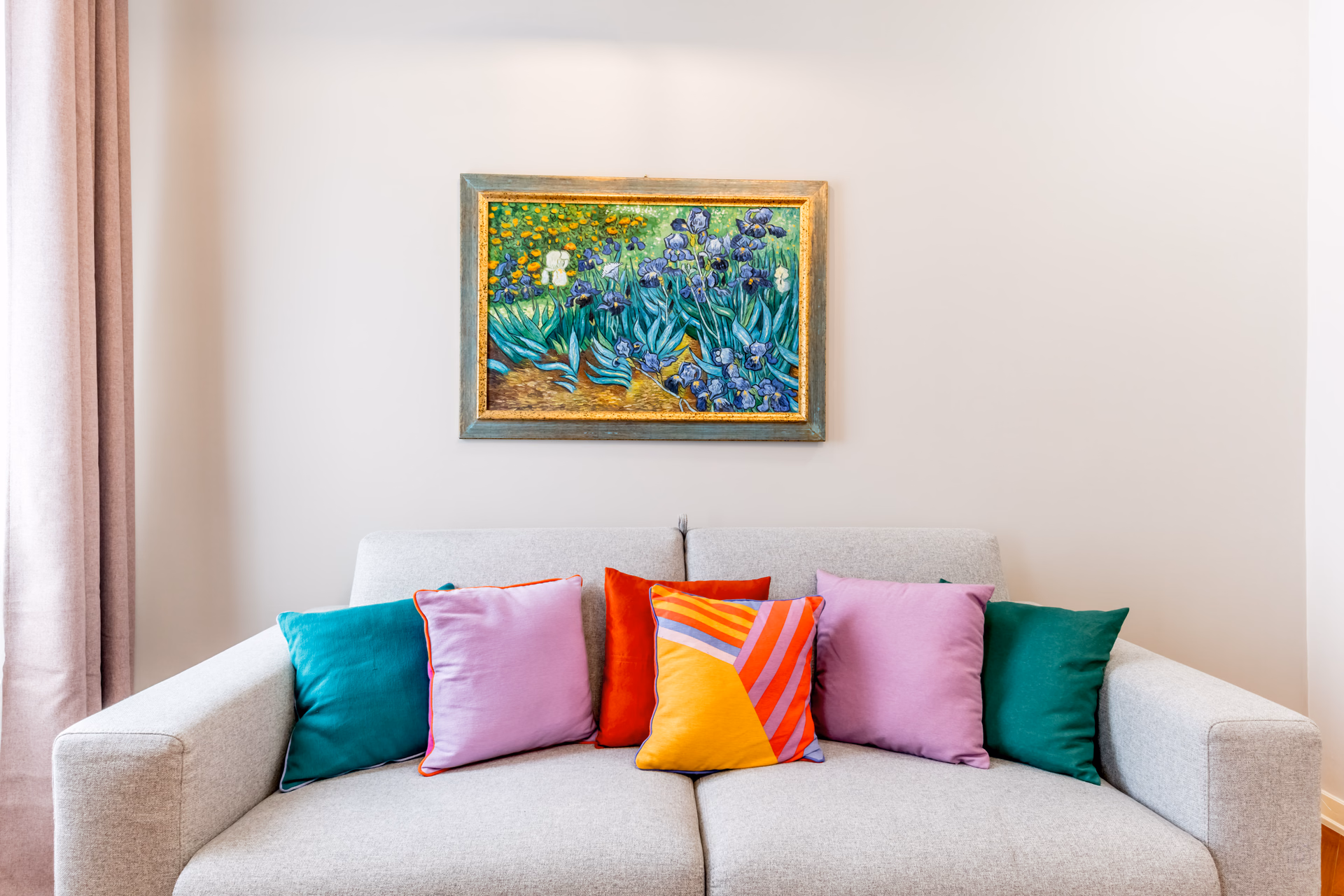 Living room sofa and Van Gogh Irises print in Elegant Vatican, Prati, Rome